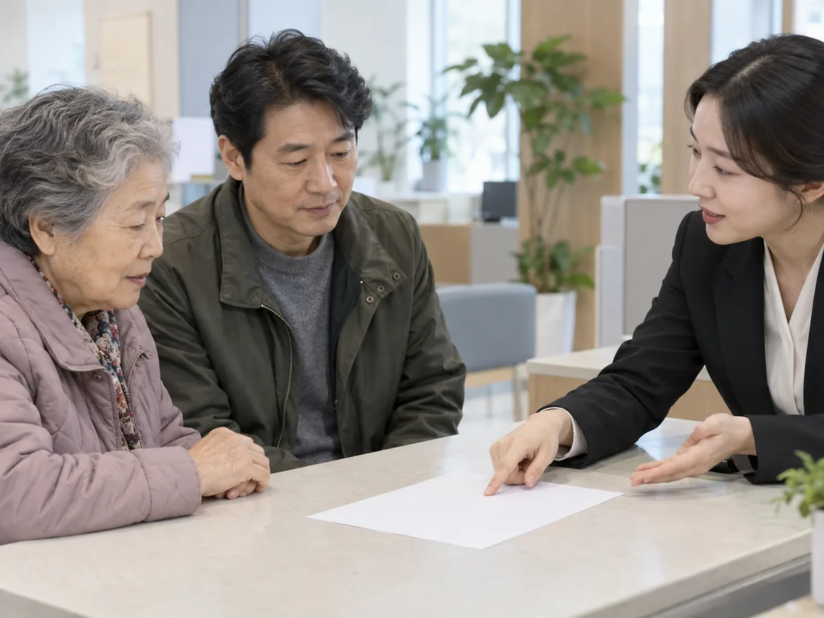 주민센터 창구에 나이 든 어르신과 방문자가 앉아 있고, 맞은편 직원이 빈 종이를 가리키며 설명하고 있다
