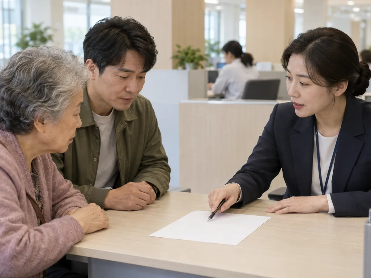 국민건강보험공단 창구에 나이 든 어르신과 성인 자녀가 앉아 있고, 맞은편 직원이 빈 종이를 가리키며 설명하고 있다