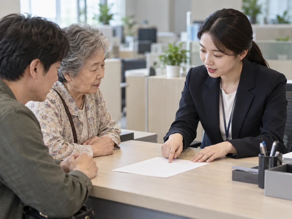 국민건강보험공단 창구에 나이 든 어르신과 성인 자녀가 앉아 있고, 맞은편 직원이 빈 종이를 가리키며 설명하고 있다