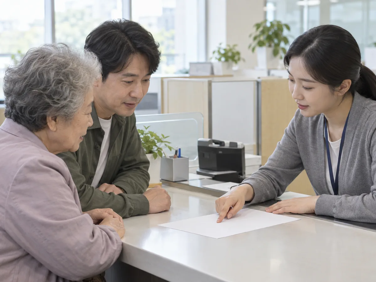 국민건강보험공단 창구에 나이 든 어르신과 성인 자녀가 앉아 있고, 맞은편 직원이 빈 종이를 가리키며 설명하고 있다