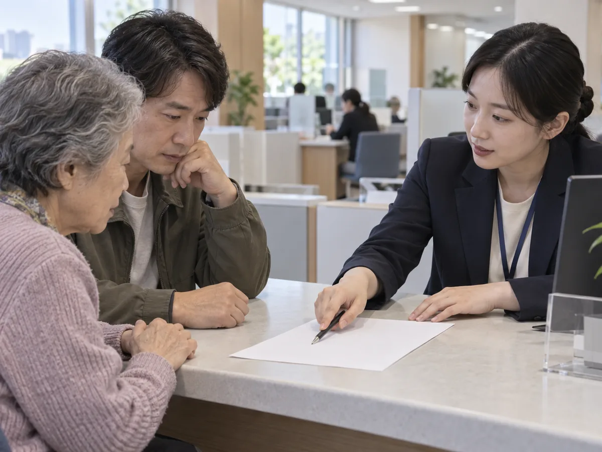 국민건강보험공단 창구에 나이 든 어르신과 성인 자녀가 앉아 있고, 맞은편 직원이 빈 종이를 가리키며 설명하고 있다