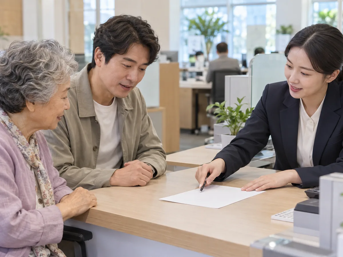 국민건강보험공단 창구에 나이 든 어르신과 성인 자녀가 앉아 있고, 맞은편 직원이 빈 종이를 가리키며 설명하고 있다