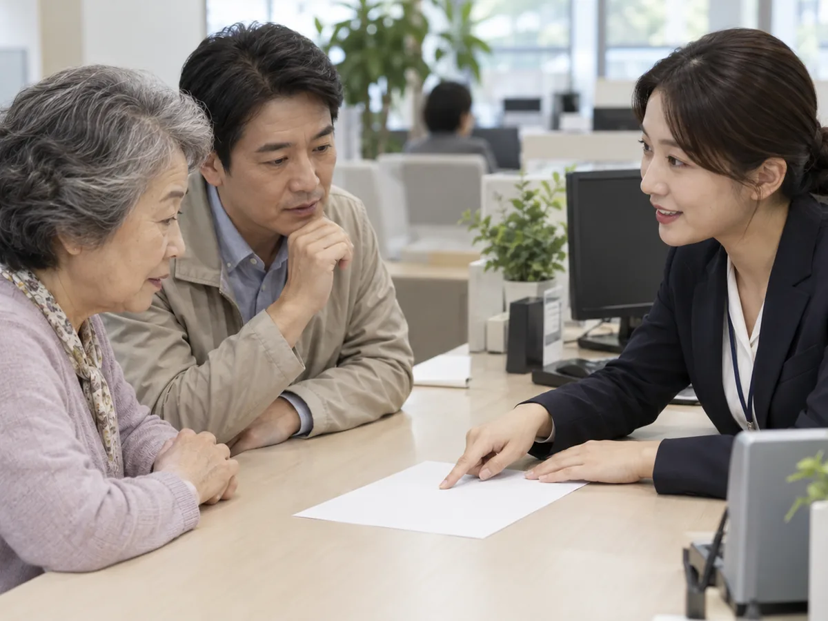 건강보험공단 창구에 나이 든 어르신과 성인 자녀가 앉아 있고, 맞은편 직원이 빈 종이를 가리키며 설명하고 있다